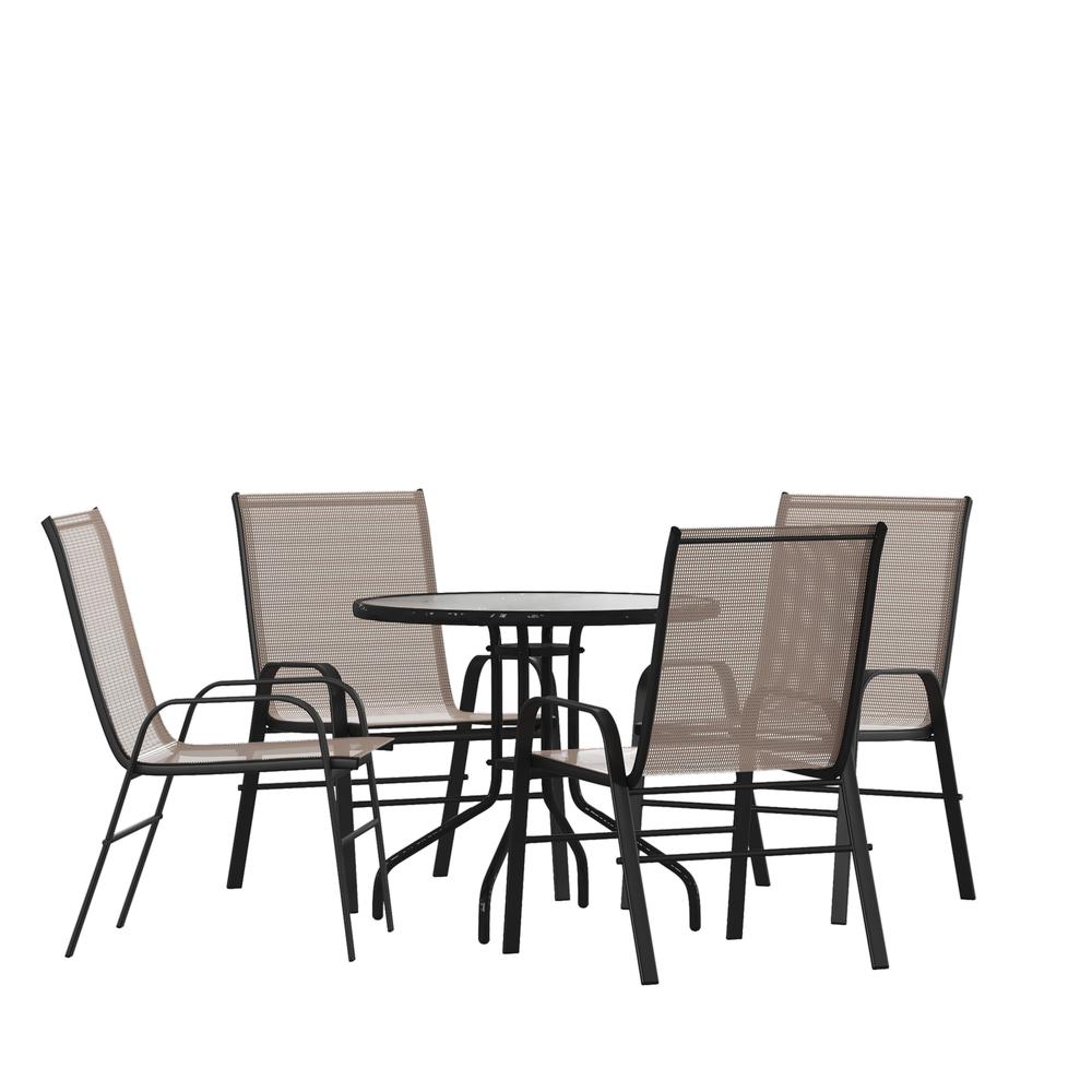 5 Piece Outdoor Patio Dining Set - 31.5" Round Tempered Glass Patio Table, 4 Brown Flex Comfort Stack Chairs