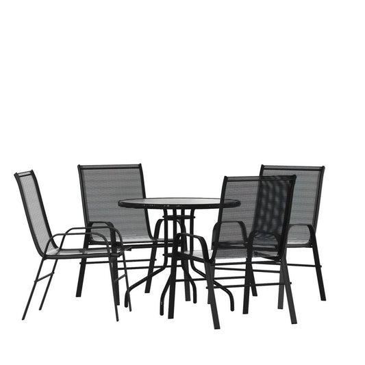 5 Piece Outdoor Patio Dining Set - 31.5" Round Tempered Glass Patio Table, 4 Black Flex Comfort Stack Chairs