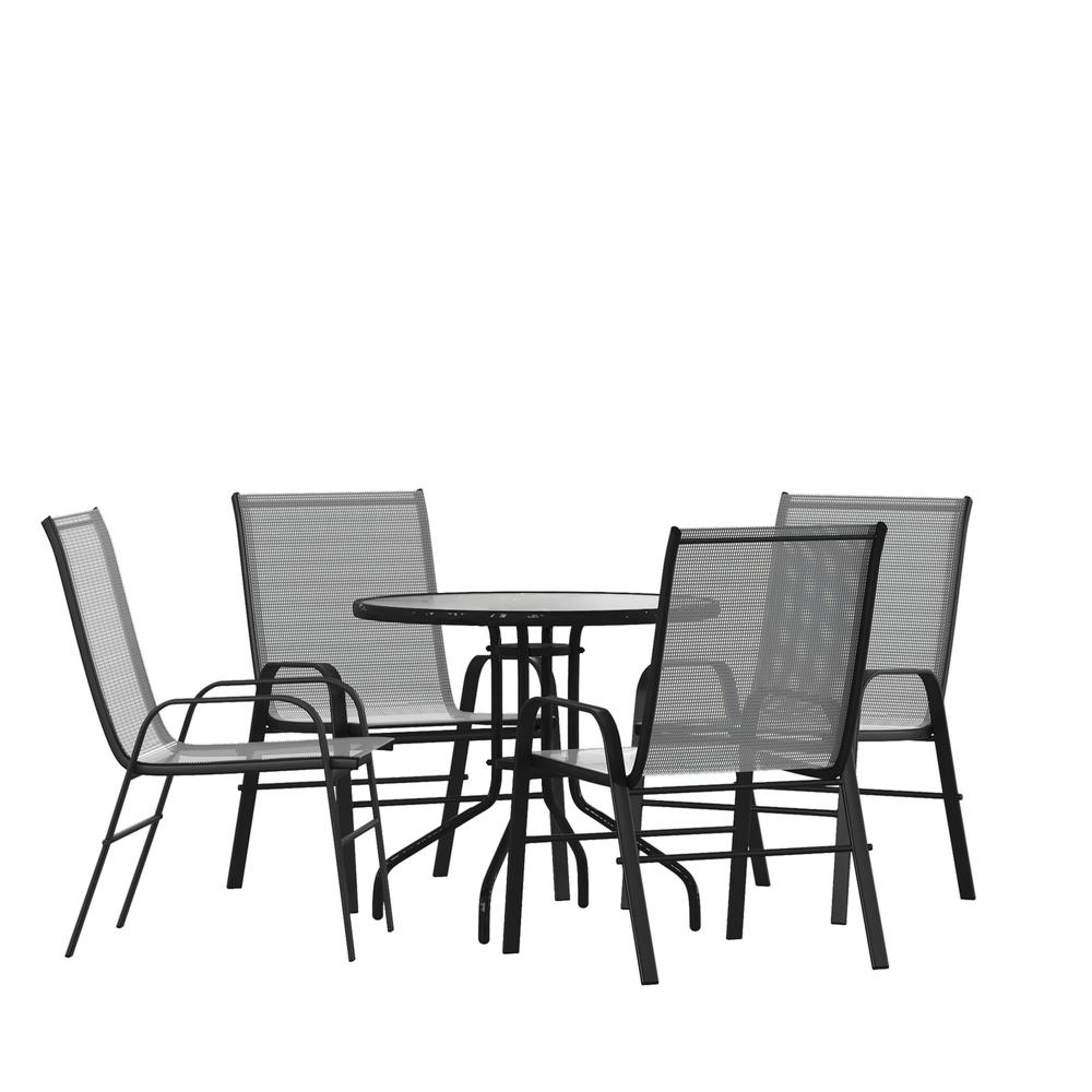 5 Piece Outdoor Patio Dining Set - 31.5" Round Tempered Glass Patio Table, 4 Gray Flex Comfort Stack Chairs