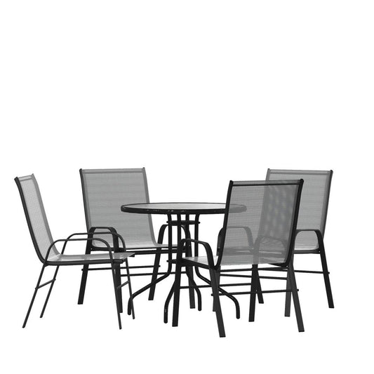 5 Piece Outdoor Patio Dining Set - 31.5" Round Tempered Glass Patio Table, 4 Gray Flex Comfort Stack Chairs