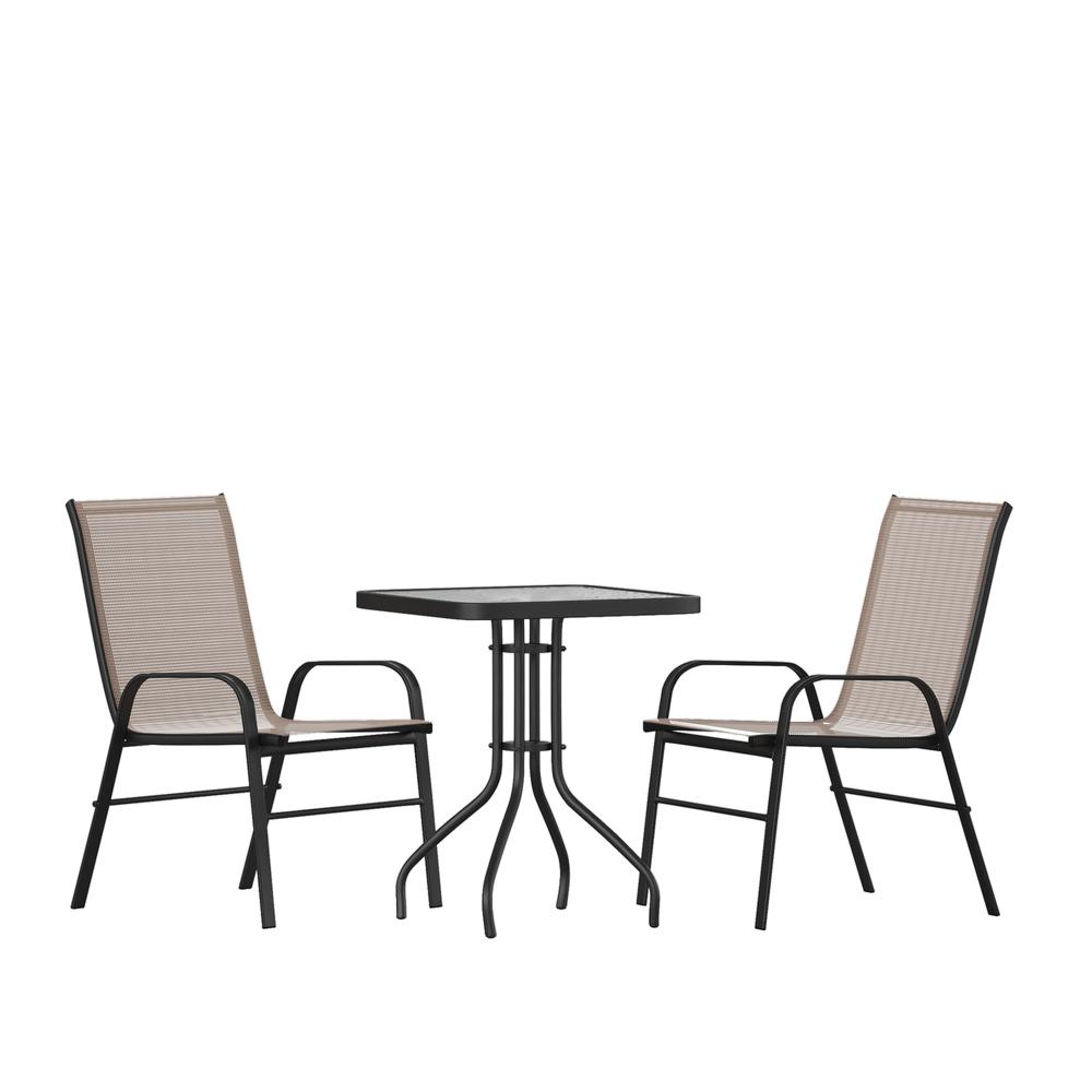 3 Piece Outdoor Patio Dining Set - 23.5" Square Tempered Glass Patio Table, 2 Brown Flex Comfort Stack Chairs