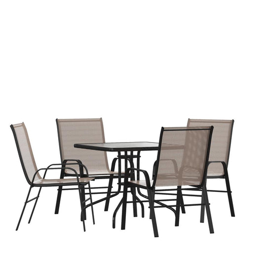 5 Piece Outdoor Patio Dining Set - 31.5" Square Tempered Glass Patio Table, 4 Brown Flex Comfort Stack Chairs