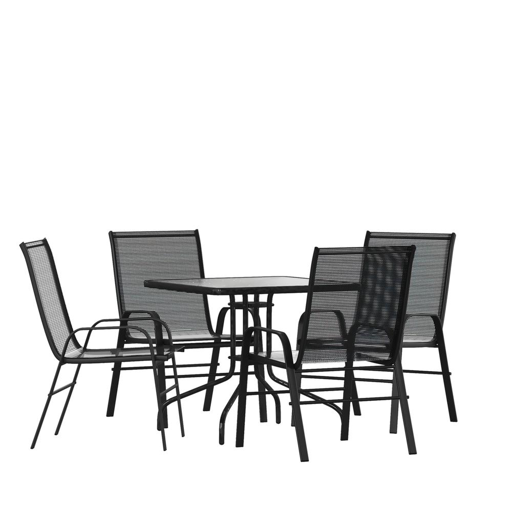 5 Piece Outdoor Patio Dining Set - 31.5" Square Tempered Glass Patio Table, 4 Black Flex Comfort Stack Chairs