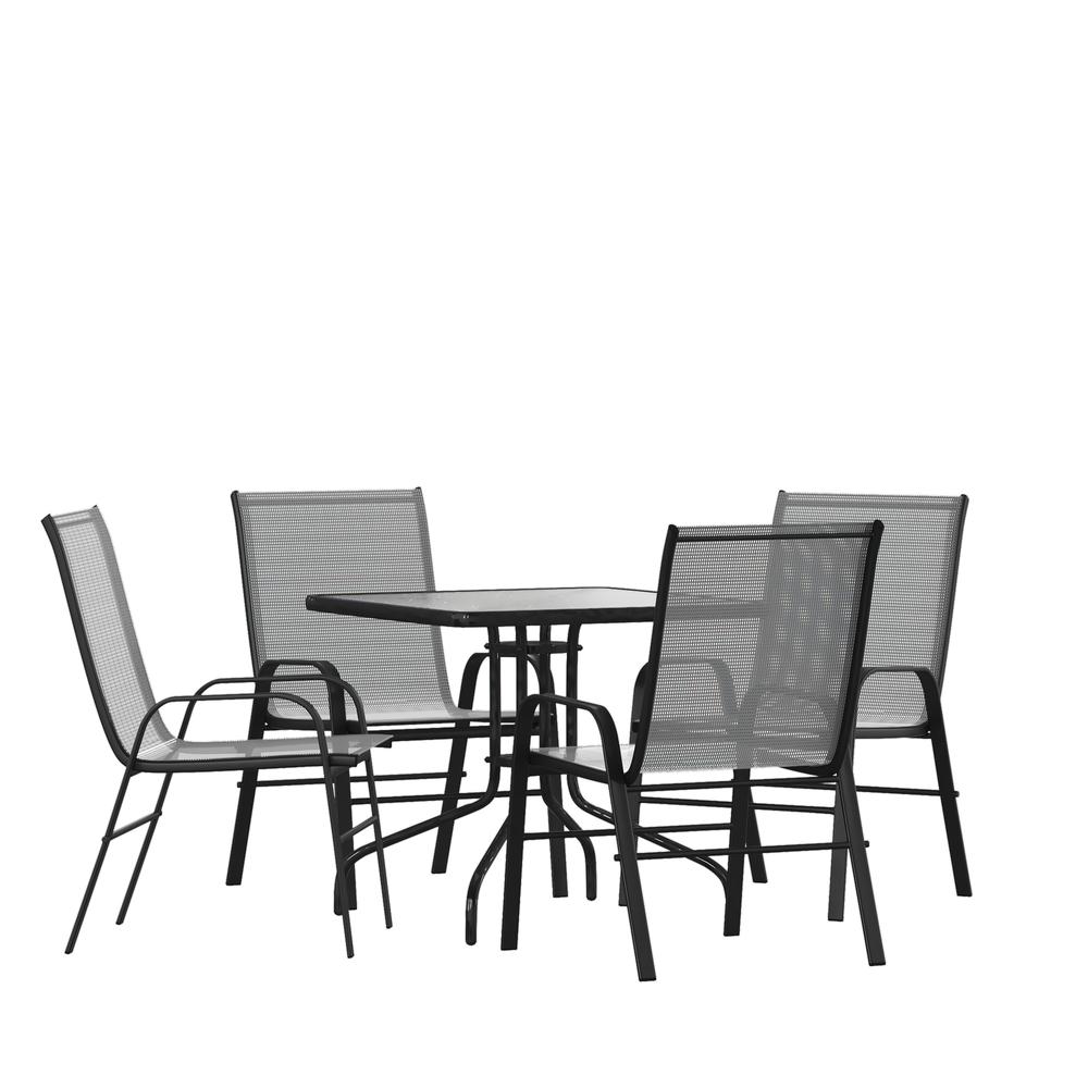 5 Piece Outdoor Patio Dining Set - 31.5" Square Tempered Glass Patio Table, 4 Gray Flex Comfort Stack Chairs