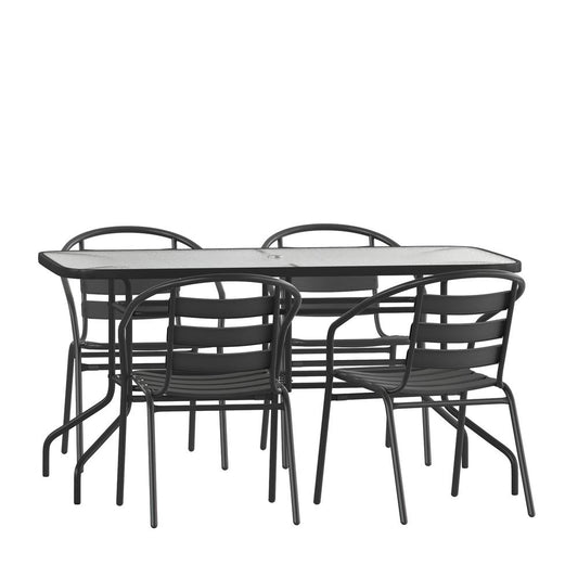 5 Piece Outdoor Patio Dining Set - 55" Tempered Glass Patio Table with Umbrella Hole, 4 Black Metal Aluminum Slat Stack Chairs