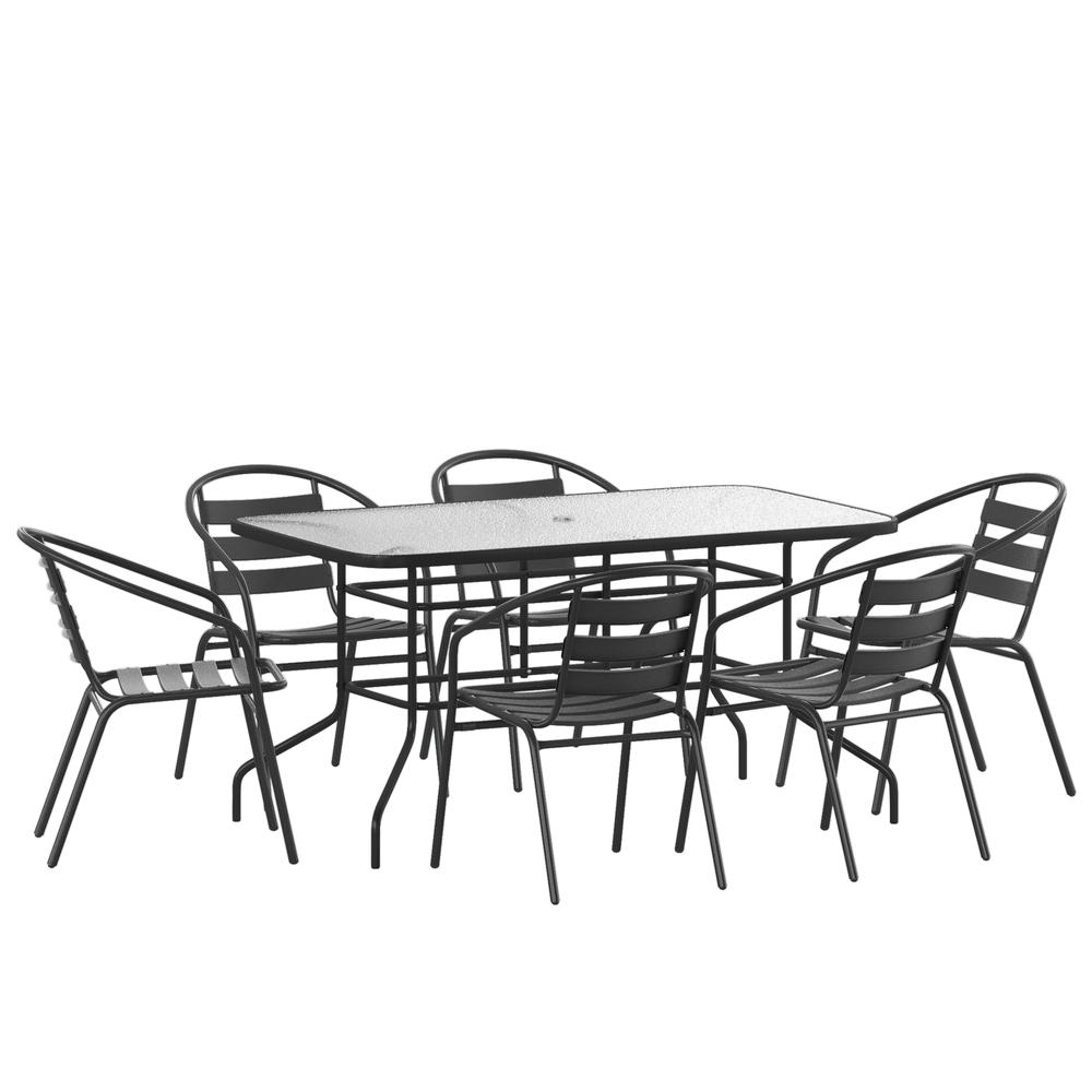 7 Piece Outdoor Patio Dining Set - 55" Tempered Glass Patio Table with Umbrella Hole, 6 Black Metal Aluminum Slat Stack Chairs