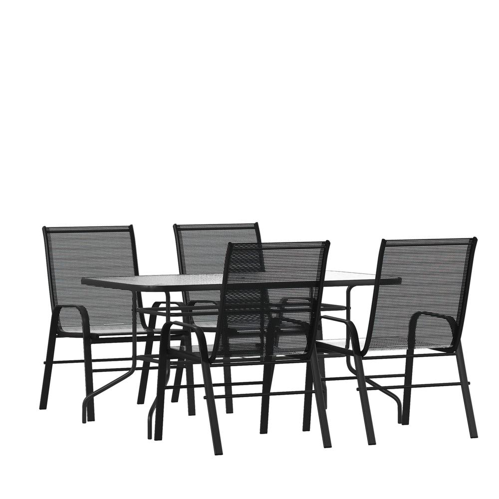 5 Piece Outdoor Patio Dining Set - 55" Tempered Glass Patio Table with Umbrella Hole, 4 Black Flex Comfort Stack Chairs