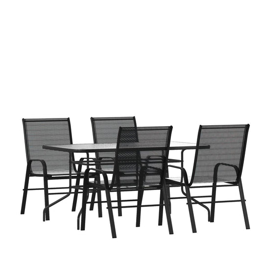 5 Piece Outdoor Patio Dining Set - 55" Tempered Glass Patio Table with Umbrella Hole, 4 Black Flex Comfort Stack Chairs