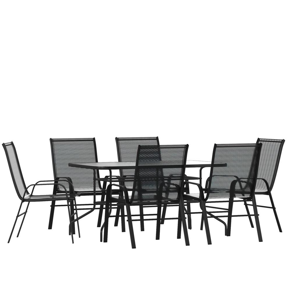 7 Piece Outdoor Patio Dining Set - 55" Tempered Glass Patio Table with Umbrella Hole, 6 Black Flex Comfort Stack Chairs