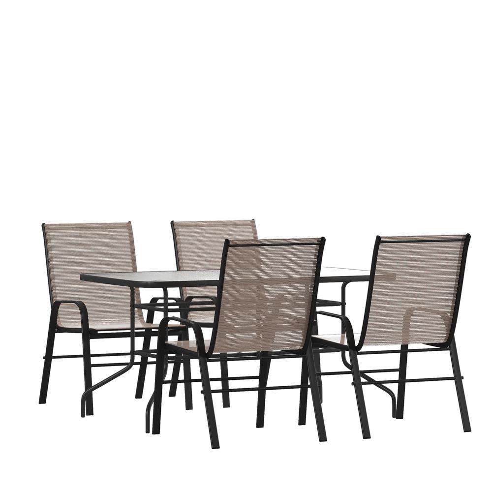 5 Piece Outdoor Patio Dining Set - 55" Tempered Glass Patio Table with Umbrella Hole, 4 Brown Flex Comfort Stack Chairs