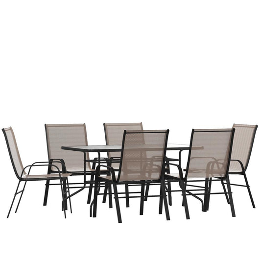 7 Piece Outdoor Patio Dining Set - 55" Tempered Glass Patio Table with Umbrella Hole, 6 Brown Flex Comfort Stack Chairs