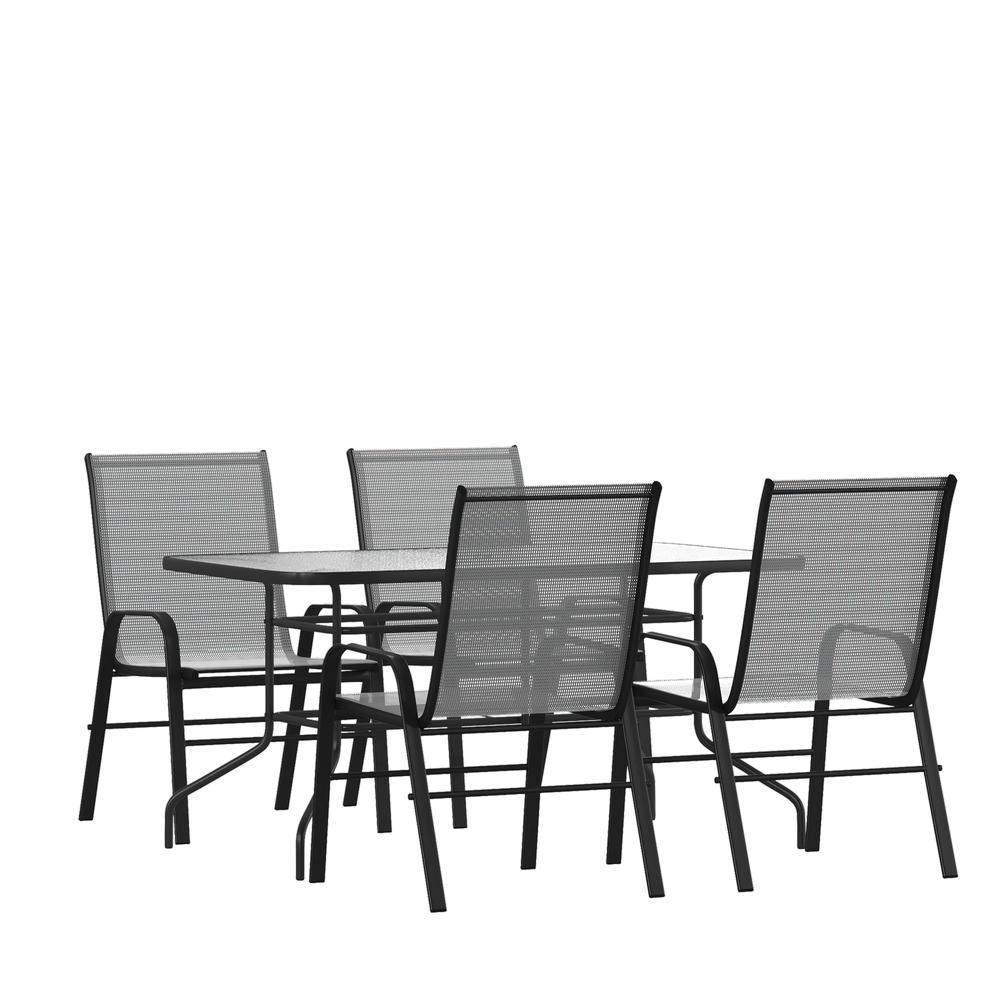 5 Piece Outdoor Patio Dining Set - 55" Tempered Glass Patio Table with Umbrella Hole, 4 Gray Flex Comfort Stack Chairs