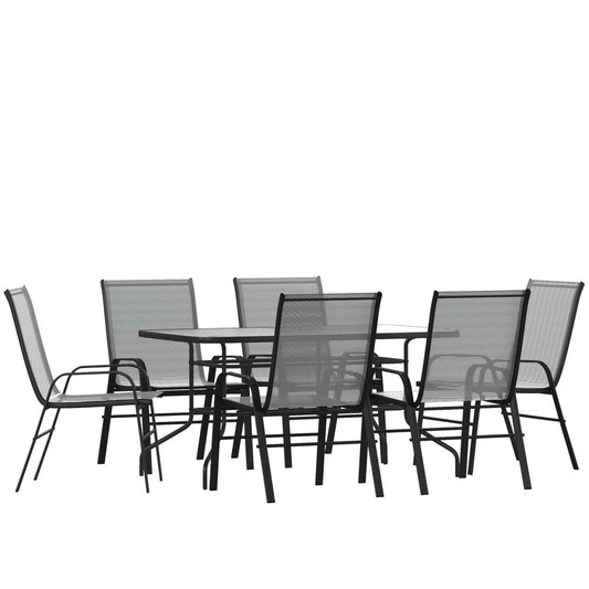 7 Piece Outdoor Patio Dining Set - 55" Tempered Glass Patio Table with Umbrella Hole, 6 Gray Flex Comfort Stack Chairs