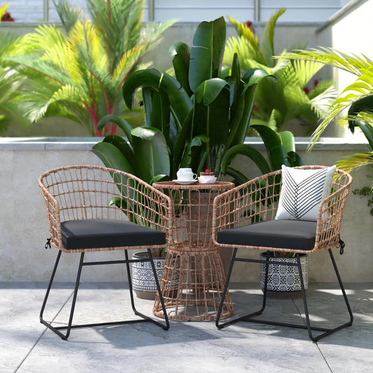 Devon 3-Piece Natural Patio Bistro Set, Indoor/Outdoor Rattan Rope Chairs, Acacia Wood Top Table & Black Seat Cushions