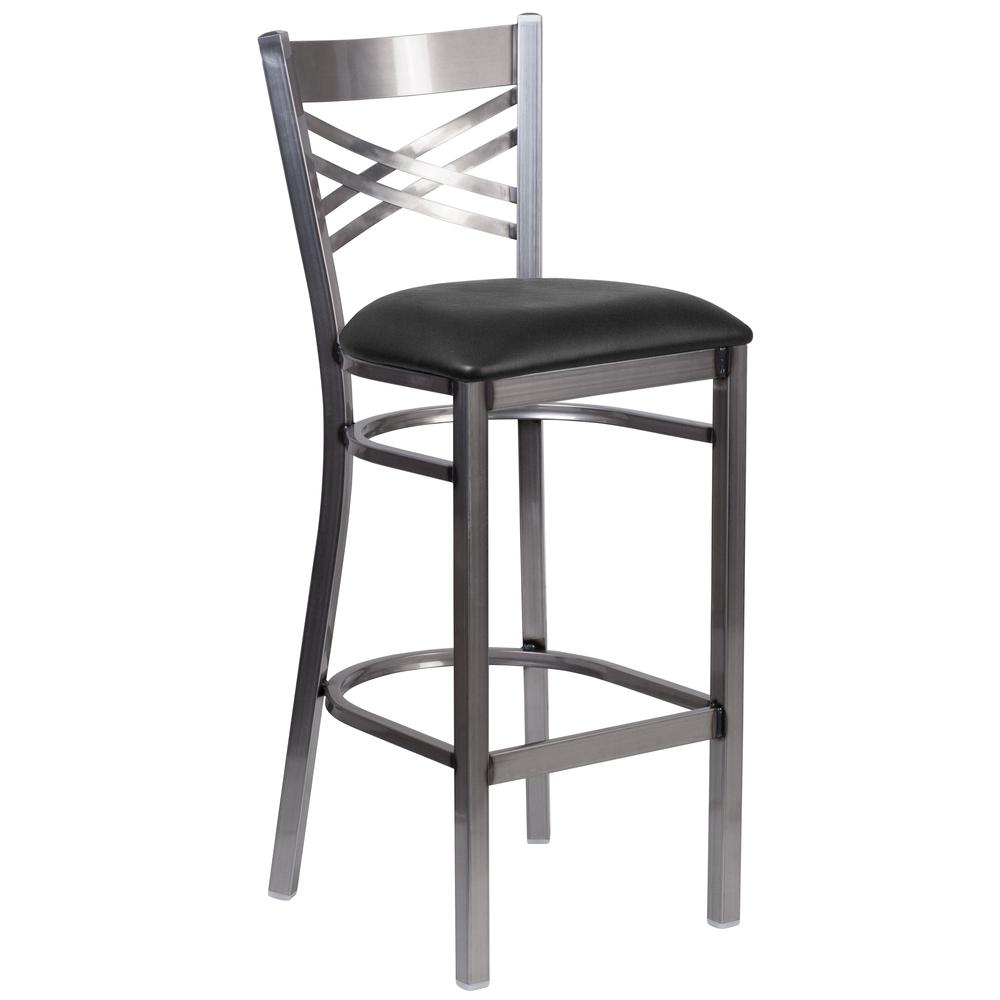 HERCULES Series Clear Coated ''X'' Back Metal Restaurant Barstool - Black Vinyl Seat