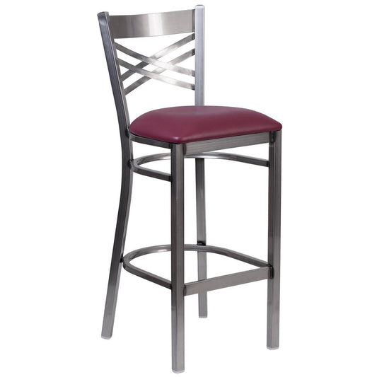 HERCULES Series Clear Coated ''X'' Back Metal Restaurant Barstool - Burgundy Vinyl Seat