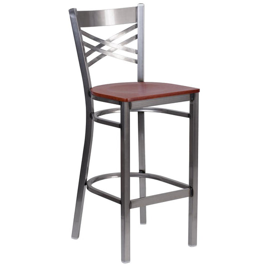 HERCULES Series Clear Coated ''X'' Back Metal Restaurant Barstool - Cherry Wood Seat