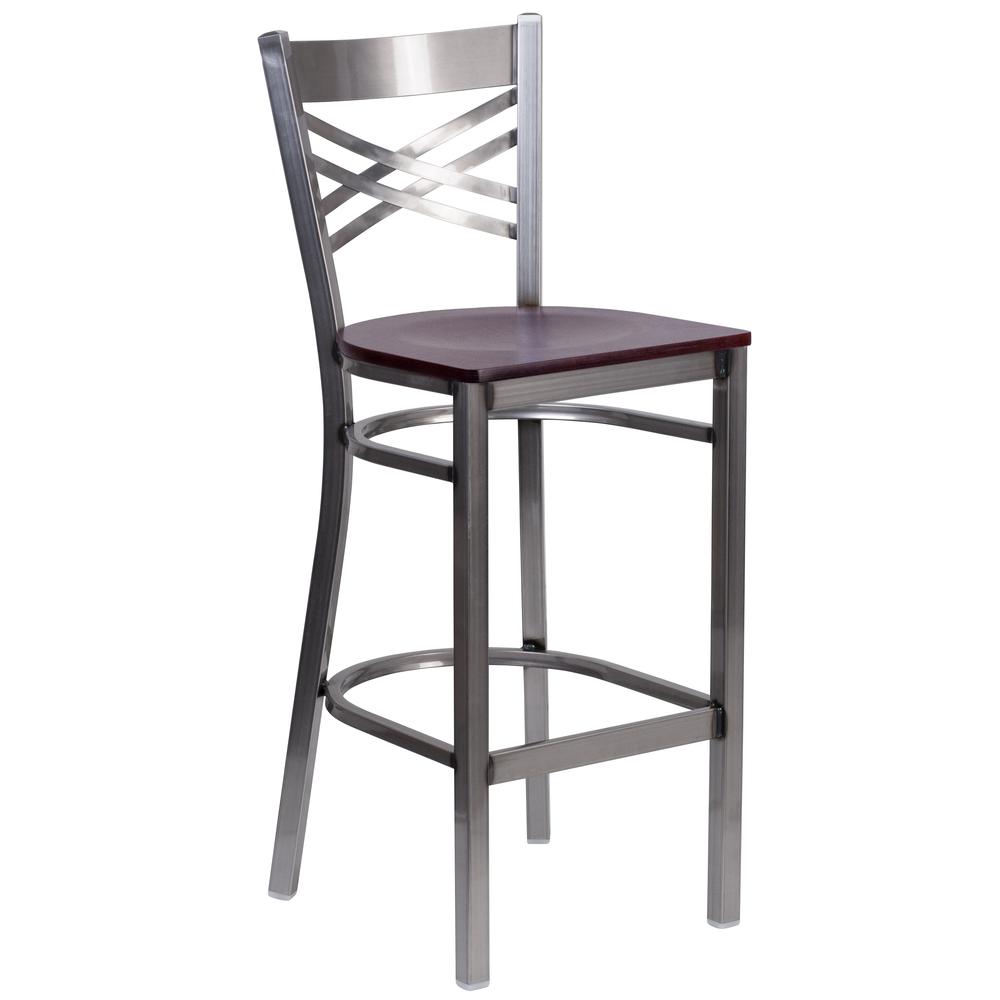 HERCULES Series Clear Coated ''X'' Back Metal Restaurant Barstool - Mahogany Wood Seat