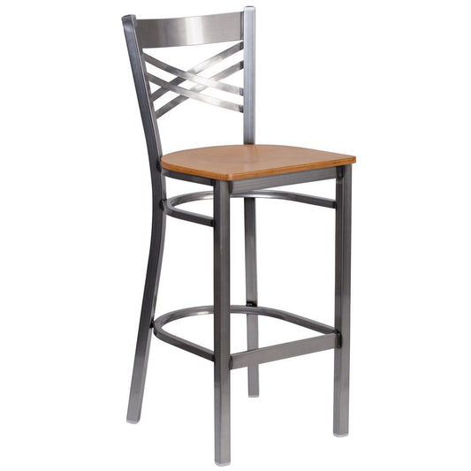 HERCULES Series Clear Coated ''X'' Back Metal Restaurant Barstool - Natural Wood Seat