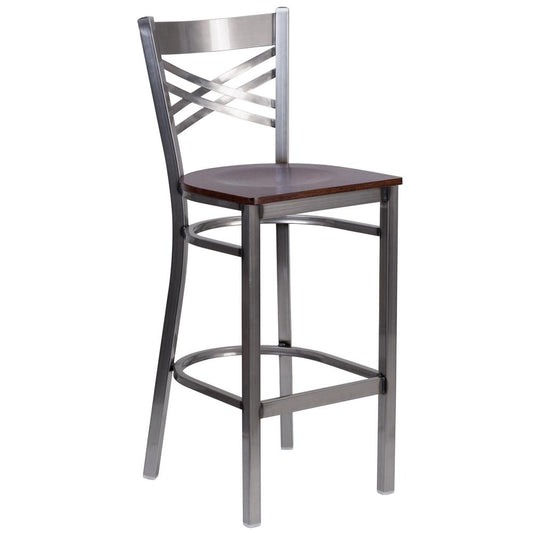 HERCULES Series Clear Coated ''X'' Back Metal Restaurant Barstool - Walnut Wood Seat