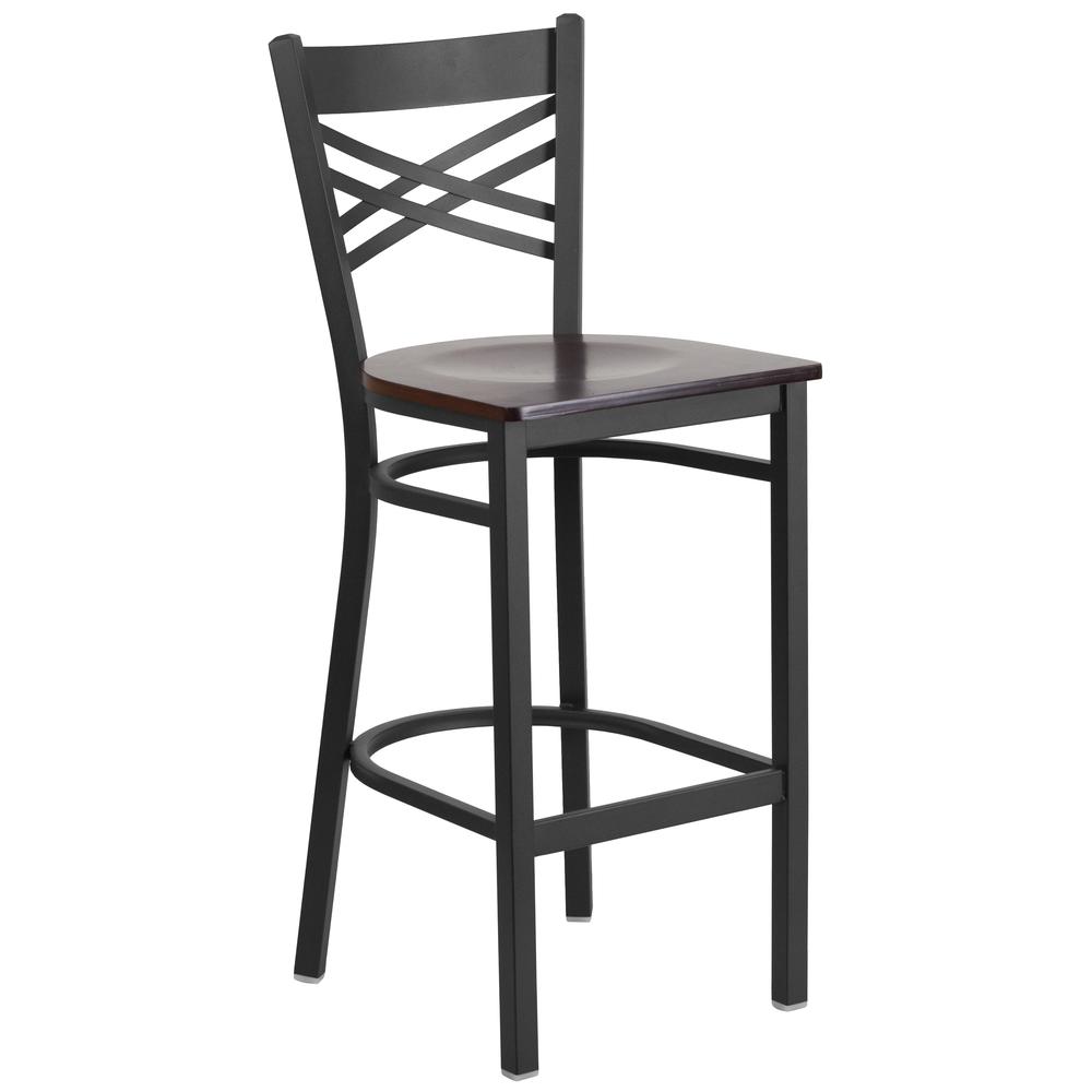 HERCULES Series Black ''X'' Back Metal Restaurant Barstool - Walnut Wood Seat