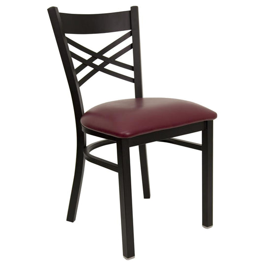 HERCULES Series Black ''X'' Back Metal Restaurant Chair - Burgundy Vinyl Seat