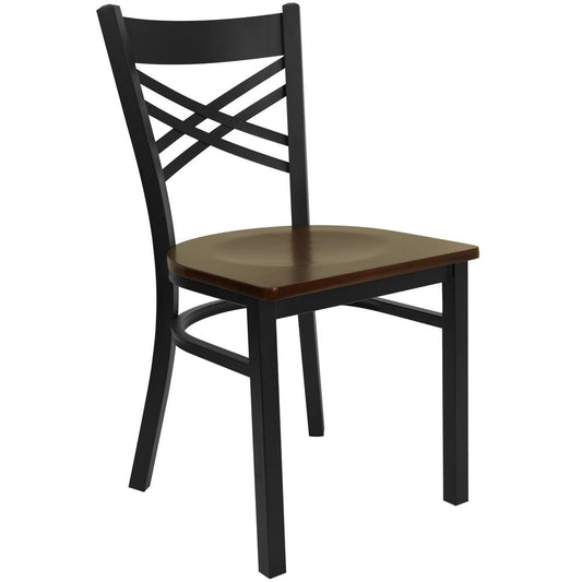 HERCULES Series Black ''X'' Back Metal Restaurant Chair - Mahogany Wood Seat