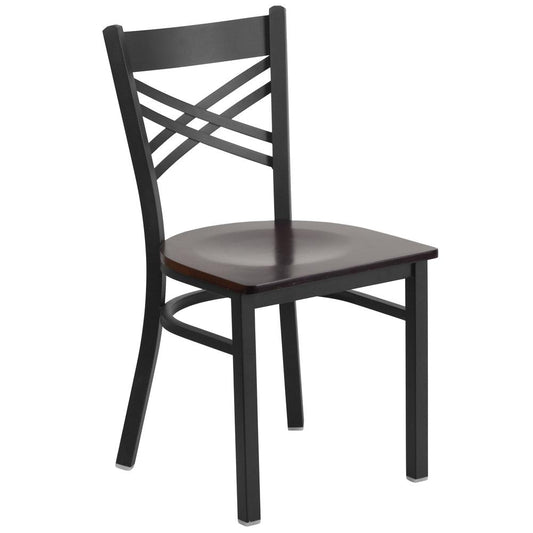 HERCULES Series Black ''X'' Back Metal Restaurant Chair - Walnut Wood Seat