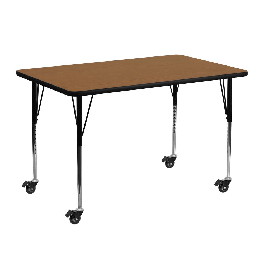 Mobile 24''W x 48''L Rectangular Oak Thermal Laminate Activity Table - Standard Height Adjustable Legs