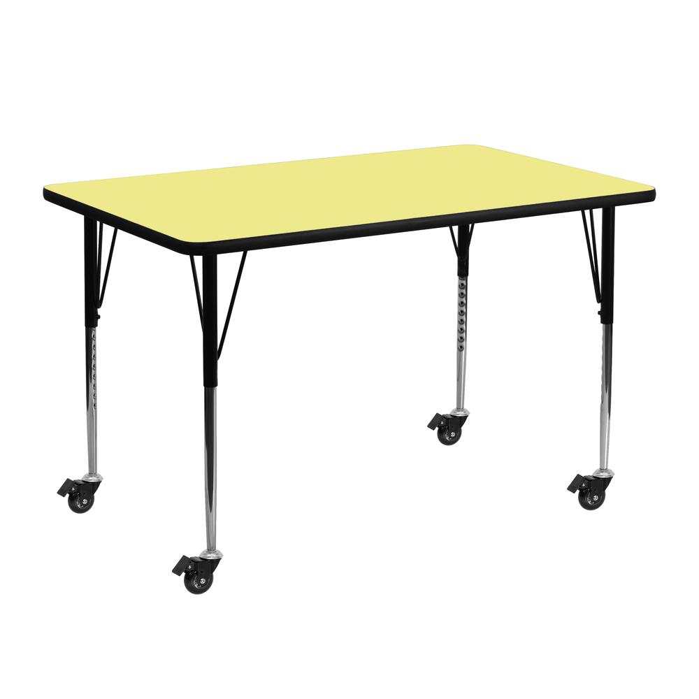 Mobile 24''W x 48''L Rectangular Yellow Thermal Laminate Activity Table - Standard Height Adjustable Legs