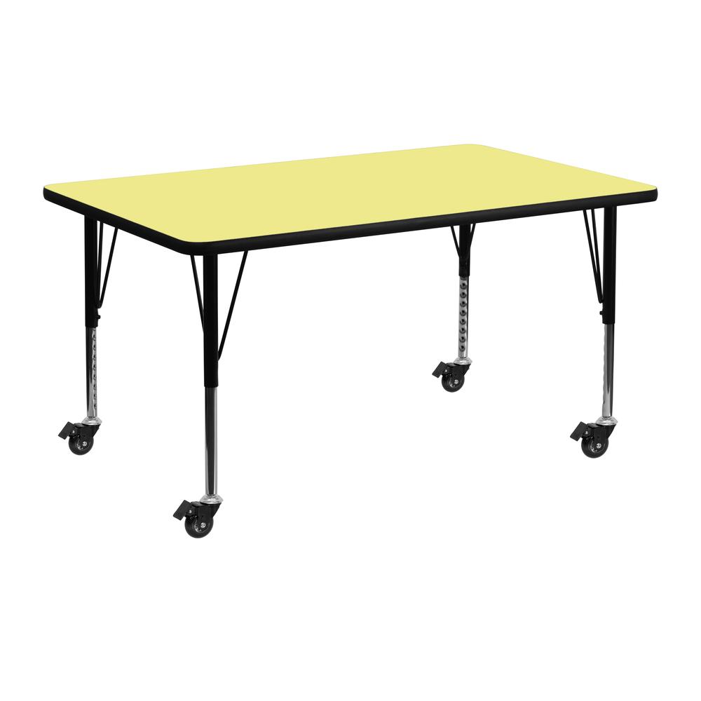 Mobile 24''W x 48''L Rectangular Yellow Thermal Laminate Activity Table - Height Adjustable Short Legs