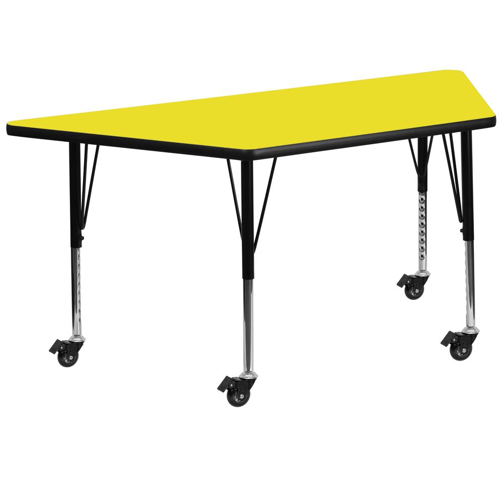 Mobile 22.5''W x 45''L Trapezoid Yellow HP Laminate Activity Table - Height Adjustable Short Legs