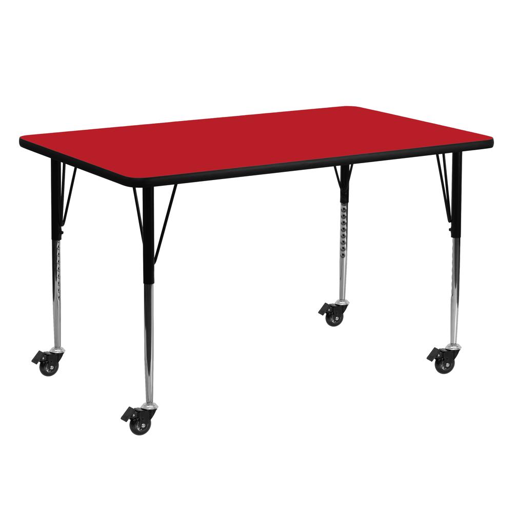 Mobile 24''W x 60''L Rectangular Red HP Laminate Activity Table - Standard Height Adjustable Legs