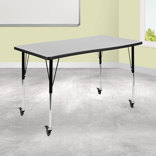 Mobile 28"W x 47.5"L Rectangular Wave Collaborative Grey Thermal Laminate Activity Table-Standard Height Adjustable Legs