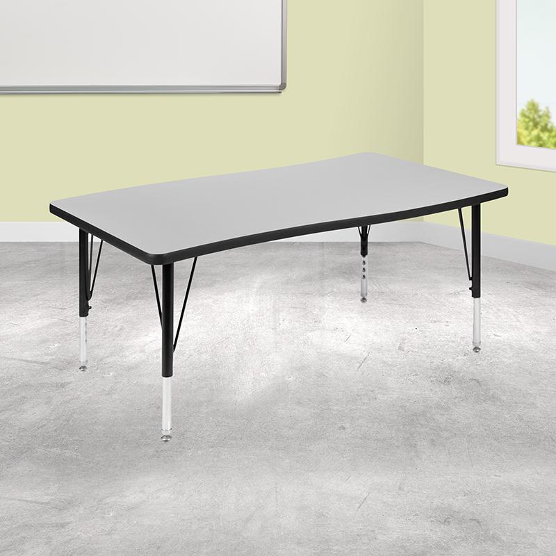 28"W x 47.5"L Rectangular Wave Collaborative Grey Thermal Laminate Activity Table - Height Adjustable Short Legs