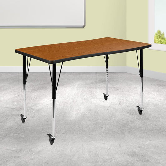 Mobile 28"W x 47.5"L Rectangular Wave Collaborative Oak Thermal Laminate Activity Table-Standard Height Adjustable Legs