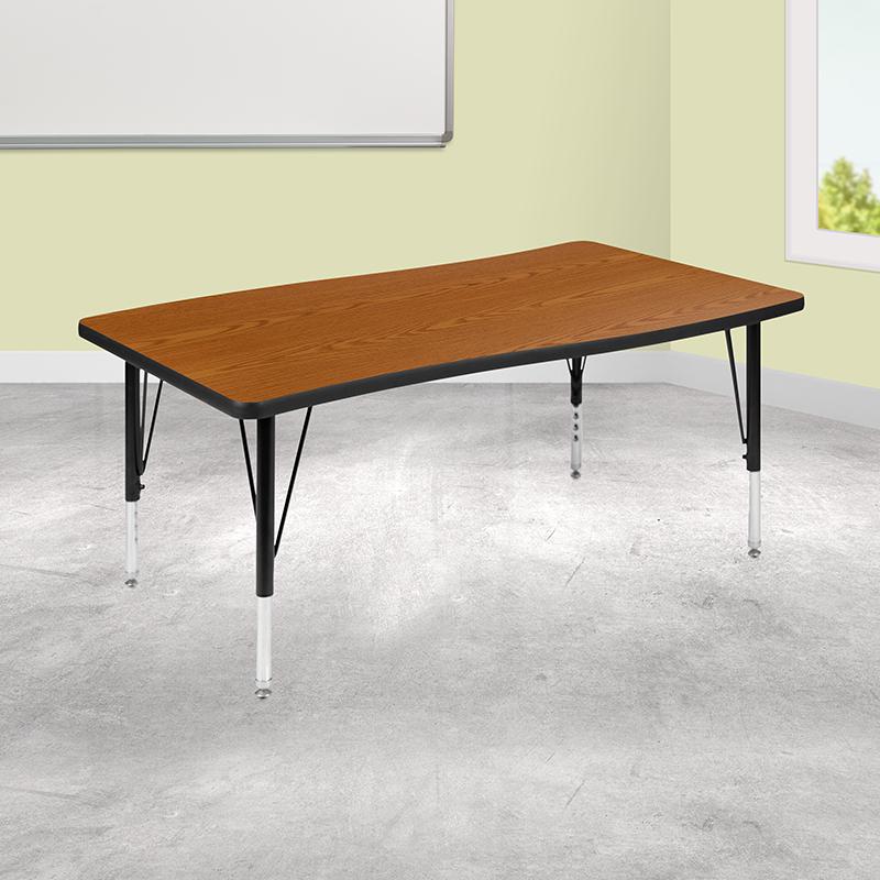 28"W x 47.5"L Rectangular Wave Collaborative Oak Thermal Laminate Activity Table - Height Adjustable Short Legs