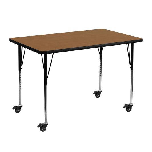 Mobile 30''W x 48''L Rectangular Oak Thermal Laminate Activity Table - Standard Height Adjustable Legs