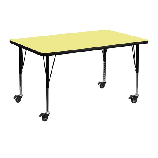 Mobile 30''W x 48''L Rectangular Yellow Thermal Laminate Activity Table - Height Adjustable Short Legs