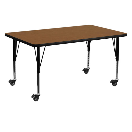 Mobile 30''W x 60''L Rectangular Oak HP Laminate Activity Table - Height Adjustable Short Legs