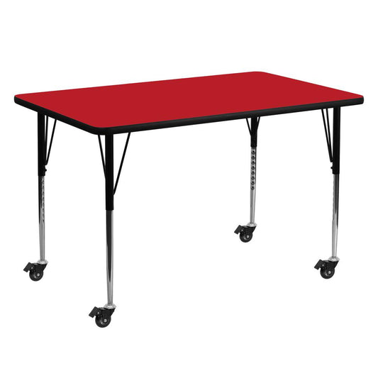 Mobile 30''W x 60''L Rectangular Red HP Laminate Activity Table - Standard Height Adjustable Legs