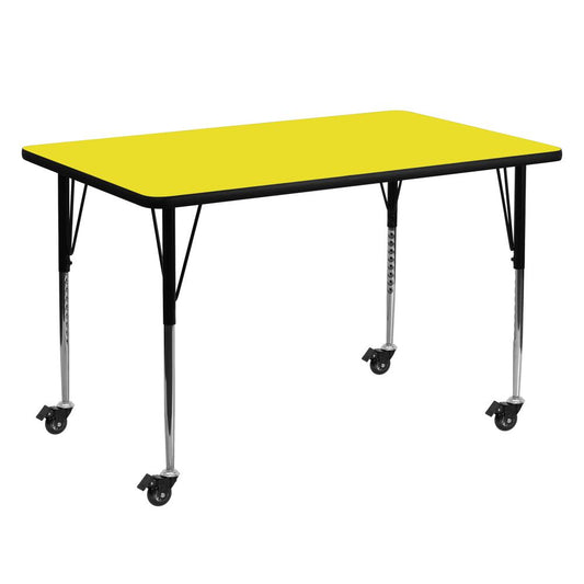 Mobile 30''W x 60''L Rectangular Yellow HP Laminate Activity Table - Standard Height Adjustable Legs