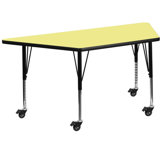 Mobile 29''W x 57''L Trapezoid Yellow Thermal Laminate Activity Table - Height Adjustable Short Legs