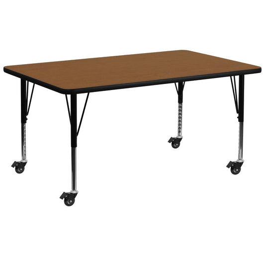 Mobile 30''W x 72''L Rectangular Oak HP Laminate Activity Table - Height Adjustable Short Legs