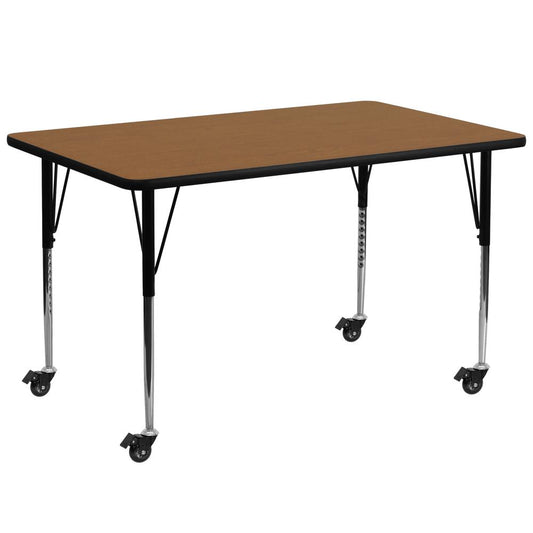 Mobile 30''W x 72''L Rectangular Oak Thermal Laminate Activity Table - Standard Height Adjustable Legs