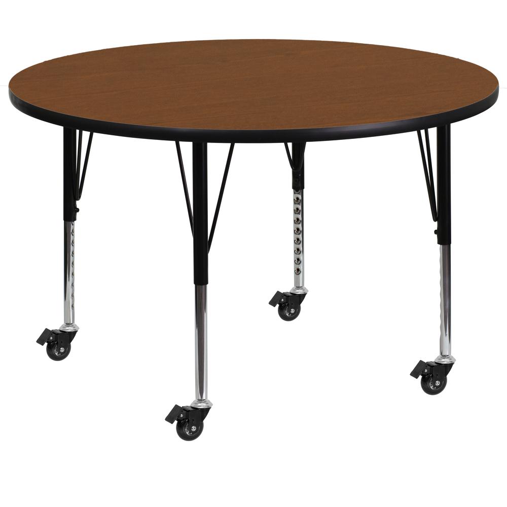 Mobile 42'' Round Oak HP Laminate Activity Table - Height Adjustable Short Legs