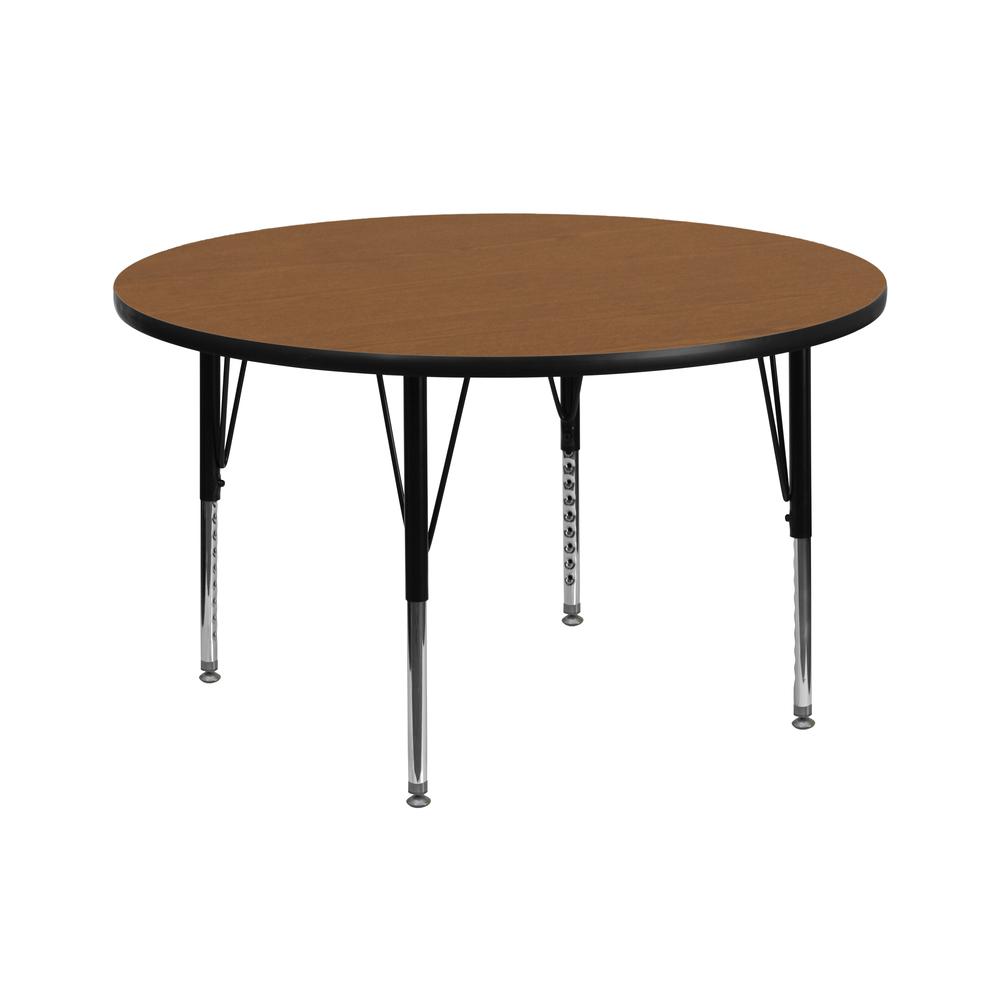 42'' Round Oak Thermal Laminate Activity Table - Height Adjustable Short Legs