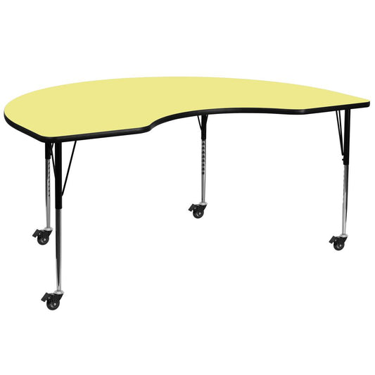 Mobile 48''W x 72''L Kidney Yellow Thermal Laminate Activity Table - Standard Height Adjustable Legs