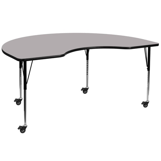 Mobile 48''W x 96''L Kidney Grey Thermal Laminate Activity Table - Standard Height Adjustable Legs