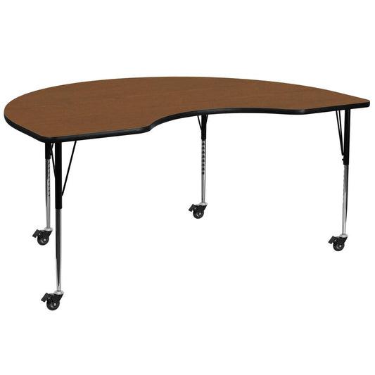 Mobile 48''W x 96''L Kidney Oak HP Laminate Activity Table - Standard Height Adjustable Legs